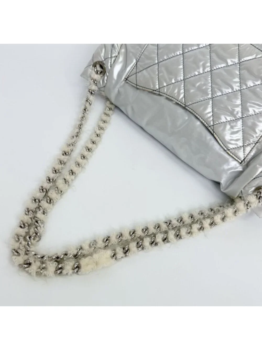 Chanel CC Logo Chain Tote Shoulder Bag Nylon Silver Ivory Seal Vintage